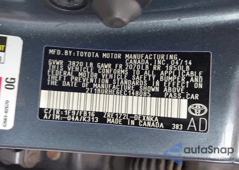 2014 Toyota Corolla Le from USA, damaged, VIN 2T1BURHE6EC148085